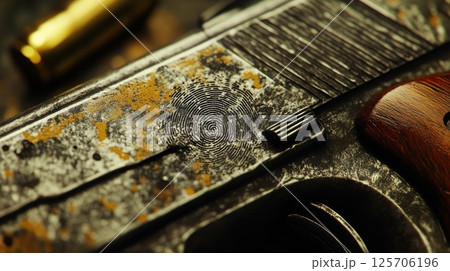 Worn handgun with ammunition in background 125706196