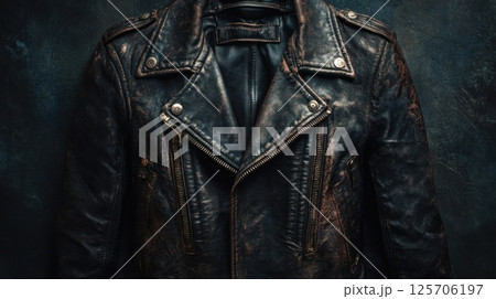 Worn Leather Jacket on Dark Wall Background Worn Leather Jacket on Dark Wall Background 125706197