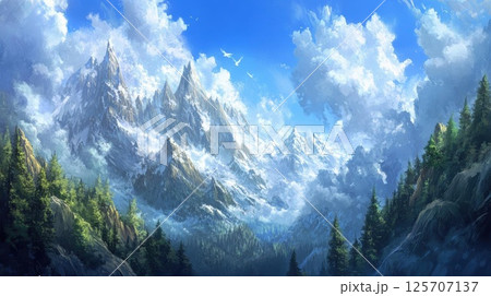 Majestic Mountains Rise Above Lush Valley with Scenic Fantasy Landscape Majestic Mountains Rise Above Lush Valley with Scenic Fantasy Landscape 125707137