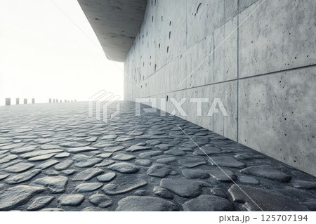 Cobblestone Path Leads to Modern Concrete Wall with Minimalist Design, Architecture Inspiration 125707194
