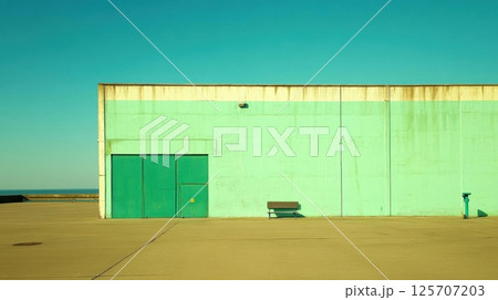 Green Building Stands Tall with Bench and Door, Minimalist Architecture by the Sea 125707203