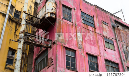 Pink Building Shows Weathering and Decay with Urban Textures and Industrial Architecture. 125707204