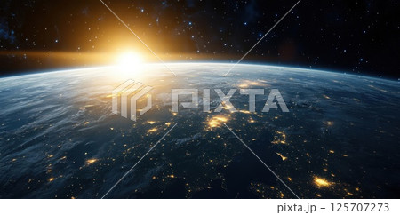 Earth Rotates Showing City Lights with Sunrise and Stars. Global View, Space Travel. Earth Rotates Showing City Lights with Sunrise and Stars. Global View, Space Travel. 125707273