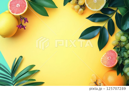Fresh Fruits and Green Leaves Create a Vibrant Summer Background. Tropical Theme. 125707289