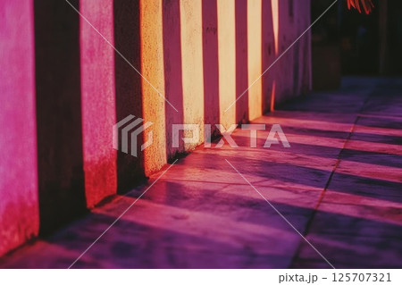 Pink Wall Casts Long Shadows on Tile Floor, Golden Hour Sunlight Architecture Design. 125707321