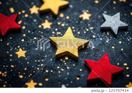 Golden Star Shines Brightly among Colorful Stars on Dark Background with Festive Celebration Theme 125707434