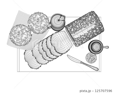 Wireframe breakfast style drawings. Vector hand drawn set breakfast. Jug of milk, coffee pot, cup, juice, sandwich. Pancakes, toast with jam for design market product. 3D 125707596