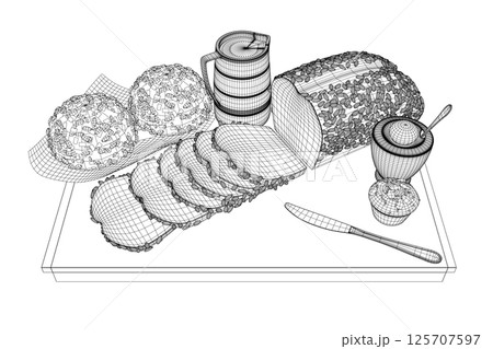 Wireframe breakfast style drawings. Vector hand drawn set breakfast. Jug of milk, coffee pot, cup, juice, sandwich. Pancakes, toast with jam for design market product. 3D Wireframe breakfast style drawings. Vector hand drawn set breakfast. Jug of milk, coffee pot, cup, juice, sandwich. Pancakes, toast with jam for design market product. 3D 125707597