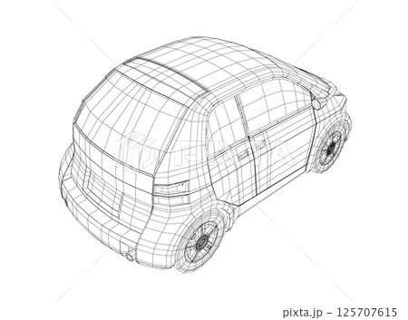 Vector illustration of wireframe small car. City car blueprint. Blank compact car template for branding or advertising. Food delivery car. 3D Vector illustration of wireframe small car. City car blueprint. Blank compact car template for branding or advertising. Food delivery car. 3D 125707615