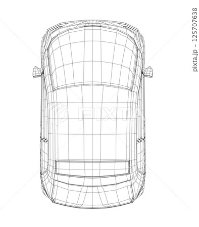 Vector illustration of wireframe small car. City car blueprint. Blank compact car template for branding or advertising. Food delivery car. 3D 125707638