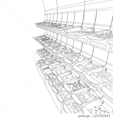 Outline grocery market counter, supermarket showcase and checkout counter. Grocery store customers trolleys and goods shelves vector illustration. Supermarket interior. Shelf with food contour 125707641