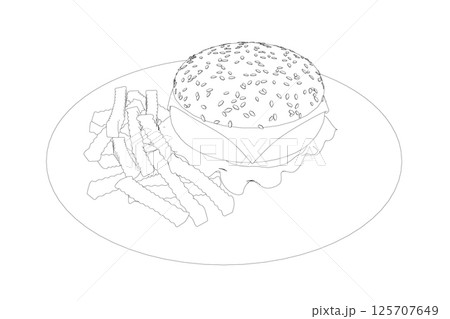 Outline cheeseburger on plate. Contour Big humburger with cutlets, cheese, tomatoes, lettuce. american food. Vector illustration element with humburger. Hand drawn food. Icon, symbol, logo Outline cheeseburger on plate. Contour Big humburger with cutlets, cheese, tomatoes, lettuce. american food. Vector illustration element with humburger. Hand drawn food. Icon, symbol, logo 125707649