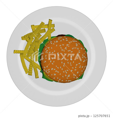 Polygonal cheeseburger on plate. Polygonal Big humburger with cutlets, cheese, tomatoes, lettuce. american food. Vector illustration element with humburger. Icon, symbol, logo. 3D 125707651