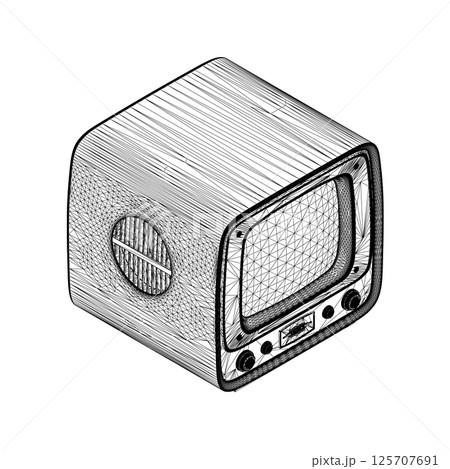 Retro wireframe Vector Television, TV vector Illustration. Vector hand drawn of the square TV 125707691