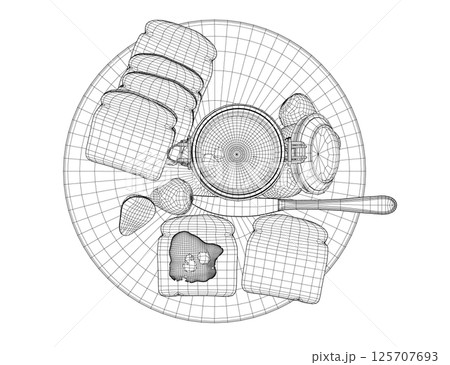 Wireframe healthy morning food and breakfast meals hand drawn with wireframe lines on white background - toasts, strawberry. Vector illustration. 3D 125707693