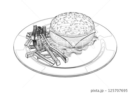 Outline cheeseburger on plate. Contour Big humburger with cutlets, cheese, tomatoes, lettuce. american food. Vector illustration element with humburger. Hand drawn food. Icon, symbol, logo 125707695