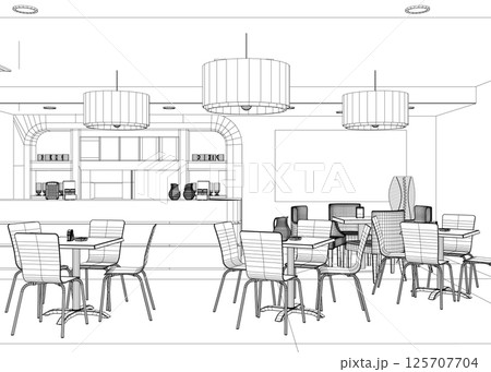 Modern Restaurant. Wireframe of furnished interior of fancy restaurant or bistro hand drawn with lines on white background. Rough drawing of modern cafe. Monochrome vector illustration. 3D 125707704