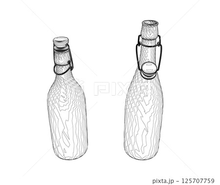 Contour wine bottles on white background. Contour Open and closed bottle of wine. Vector illustration. 125707759