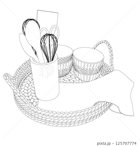 Outline of drawn illustration kitchen tools. Contour of kitchen utensils in a basket Outline of drawn illustration kitchen tools. Contour of kitchen utensils in a basket 125707774