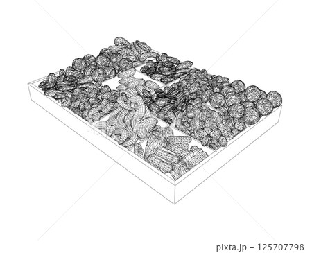 Vector nuts set wireframe. Vector background of dry nuts and seeds - almond, cashew, peanut, walnut, pistachio. Food for grocery shop, black and white color. 3D. Vector nuts set wireframe. Vector background of dry nuts and seeds - almond, cashew, peanut, walnut, pistachio. Food for grocery shop, black and white color. 3D. 125707798