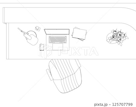 Outline of Contemporary workspace flat vector illustrations set. Contour Office desk or table with office chair and computer. Business interior design elements. Vector illustration. 125707799
