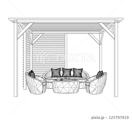 Gazebo wireframe garden modern graphic black white architect landscape sketch illustration vector. Gazebo garden modern graphic contour architect landscape sketch illustration vector. 3D. 125707819