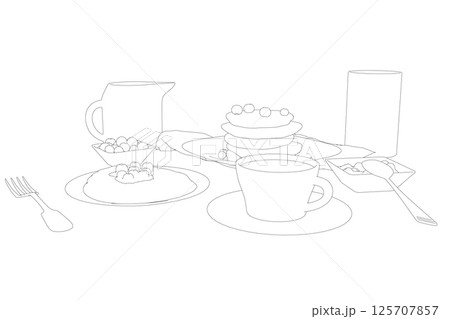Various healthy morning food and breakfast meals hand drawn with contour lines on white background - berry, toasts, waffles. Vector illustration. Simple contour, outlines on white background Various healthy morning food and breakfast meals hand drawn with contour lines on white background - berry, toasts, waffles. Vector illustration. Simple contour, outlines on white background 125707857