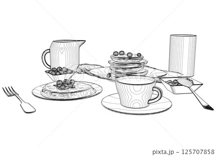 Various healthy morning food and breakfast meals hand drawn with contour lines on white background - berry, toasts, waffles. Vector illustration. Simple contour, outlines on white background Various healthy morning food and breakfast meals hand drawn with contour lines on white background - berry, toasts, waffles. Vector illustration. Simple contour, outlines on white background 125707858