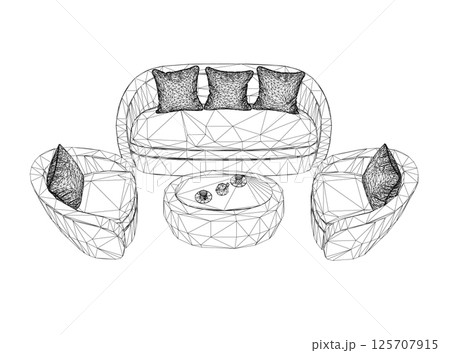 Set of wireframe furniture for a living room or office in outline style. Outline Sofa, armchair, table. Items for the design apartment drawn with black line. Vector illustration isolated on white. 3D Set of wireframe furniture for a living room or office in outline style. Outline Sofa, armchair, table. Items for the design apartment drawn with black line. Vector illustration isolated on white. 3D 125707915