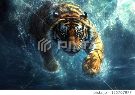 Tiger Swims Through Water with Grace, Power, Fierceness in Wildlife Habitat. Tiger Swims Through Water with Grace, Power, Fierceness in Wildlife Habitat. 125707977