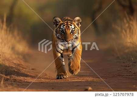 Tiger Cub Walks Confidently on Dirt Road, Wildlife Safari Adventure Tiger Cub Walks Confidently on Dirt Road, Wildlife Safari Adventure 125707978