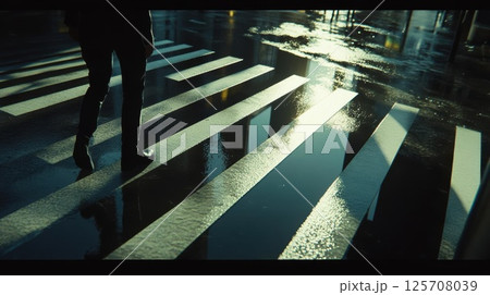 Person Crosses Wet Crosswalk After Rain with Reflections. Urban Solitude. Person Crosses Wet Crosswalk After Rain with Reflections. Urban Solitude. 125708039