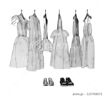 Girls' Long Peasant Dress wireframe, vector flat sketch fashion template. Technical Fashion Illustration. Empire Waist Dress. 3D. Girls' Long Peasant Dress wireframe, vector flat sketch fashion template. Technical Fashion Illustration. Empire Waist Dress. 3D. 125708072