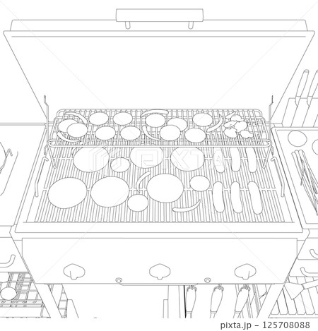 Barbecue / BBQ Gas Grill Clipart - Outline. Vector illustration food cooking on a charcoal grill. 125708088