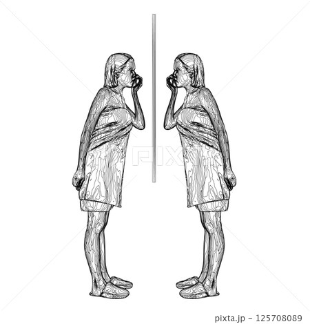 Contour of a girl after a shower in a dressing gown and slippers stands in front of a mirror caring for her face. Side view. Vector illustration. 125708089