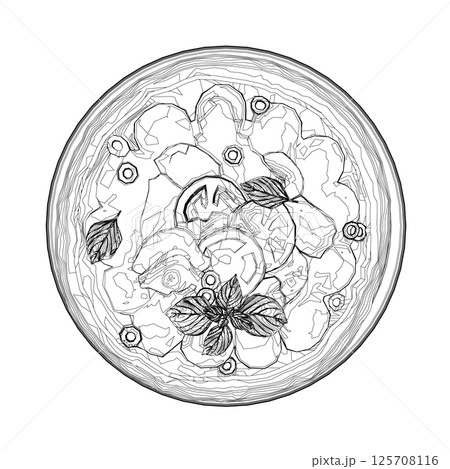 Contour of Italian pizza and ingredients. Italian food menu design template. Pizzeria menu design template. Vintage hand drawn sketch vector illustration. Engraved image. 125708116