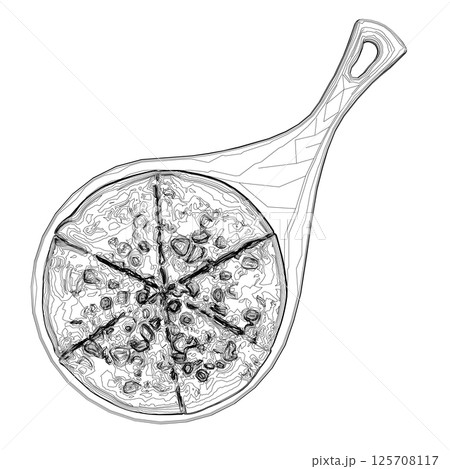 Contour of Italian pizza and ingredients. Italian food menu design template. Pizzeria menu design template. Vintage hand drawn sketch vector illustration. Engraved image. 125708117