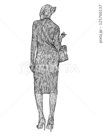 Wireframe of a woman with shopping bag vector. Young stylish woman in trench dress. Fashion illustration in sketch style. Vector illustration. 3D. Wireframe of a woman with shopping bag vector. Young stylish woman in trench dress. Fashion illustration in sketch style. Vector illustration. 3D. 125708137