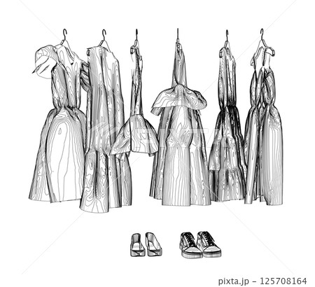 Girls' Long Peasant Dress contour, vector flat sketch fashion template. Technical Fashion Illustration. Empire Waist Dress. 125708164