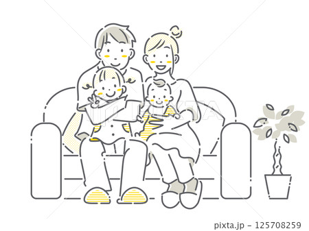 仲良くソファに座る若い四人家族　シンプルでお洒落な線画イラスト 125708259