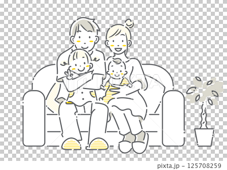 仲良くソファに座る若い四人家族　シンプルでお洒落な線画イラスト 125708259