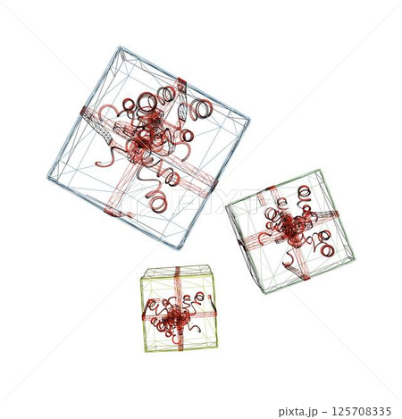 Wireframe of three gift boxes with ribbons isolated on white background. Visa from above. 3D. Vector illustration. Wireframe of three gift boxes with ribbons isolated on white background. Visa from above. 3D. Vector illustration. 125708335