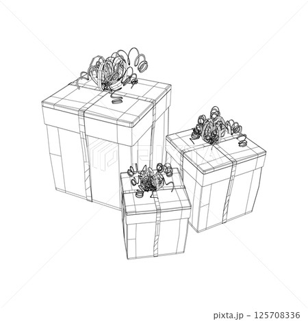 Wireframe of three gift boxes with ribbons made of black lines isolated on a white background. Visa perspective. 3D. Vector illustration. Wireframe of three gift boxes with ribbons made of black lines isolated on a white background. Visa perspective. 3D. Vector illustration. 125708336