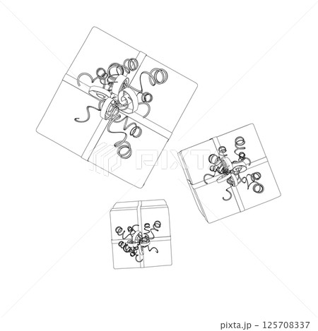 Wireframe of three gift boxes with ribbons made of black lines isolated on a white background. Visa from above. 3D. Vector illustration. 125708337