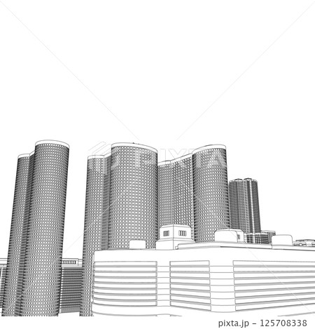 City buildings skyline of metropolitan outline. Town skyline line art vector illustration. Abstract modern urban landscape drawing background, architecture building construction perspective design. 3D 125708338