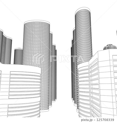 City buildings skyline of metropolitan outline. Town skyline line art vector illustration. Abstract modern urban landscape drawing background, architecture building construction perspective design. 3D City buildings skyline of metropolitan outline. Town skyline line art vector illustration. Abstract modern urban landscape drawing background, architecture building construction perspective design. 3D 125708339