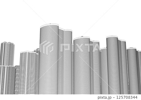 City buildings skyline of metropolitan outline. Town skyline line art vector illustration. Abstract modern urban landscape drawing background, architecture building construction perspective design. 3D 125708344