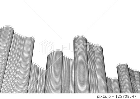 City buildings skyline of metropolitan outline. Town skyline line art vector illustration. Abstract modern urban landscape drawing background, architecture building construction perspective design. 3D 125708347