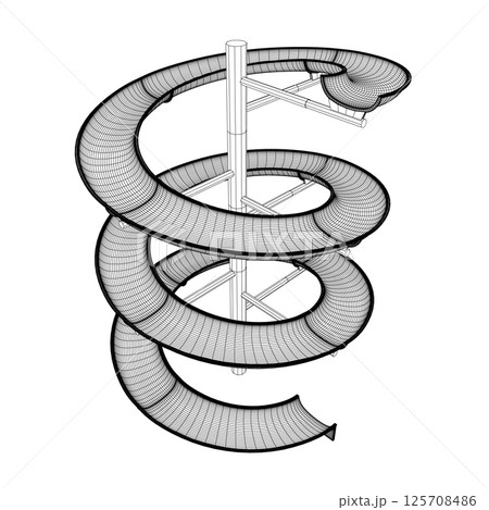 Wireframe water slide. 3D spiral pipe waterpark construction, water slide in pool aqua park. Waterpark spiral slide water pipes. Vector illustration. Wireframe water slide. 3D spiral pipe waterpark construction, water slide in pool aqua park. Waterpark spiral slide water pipes. Vector illustration. 125708486