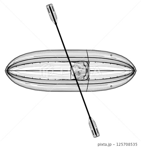 Outline of Inflatable Boat With Peddle. Cartoon Simple Style Isolated Flat Vector Illustration On White Background. Rubber inflatable boat transportation vector. Top view. 125708535